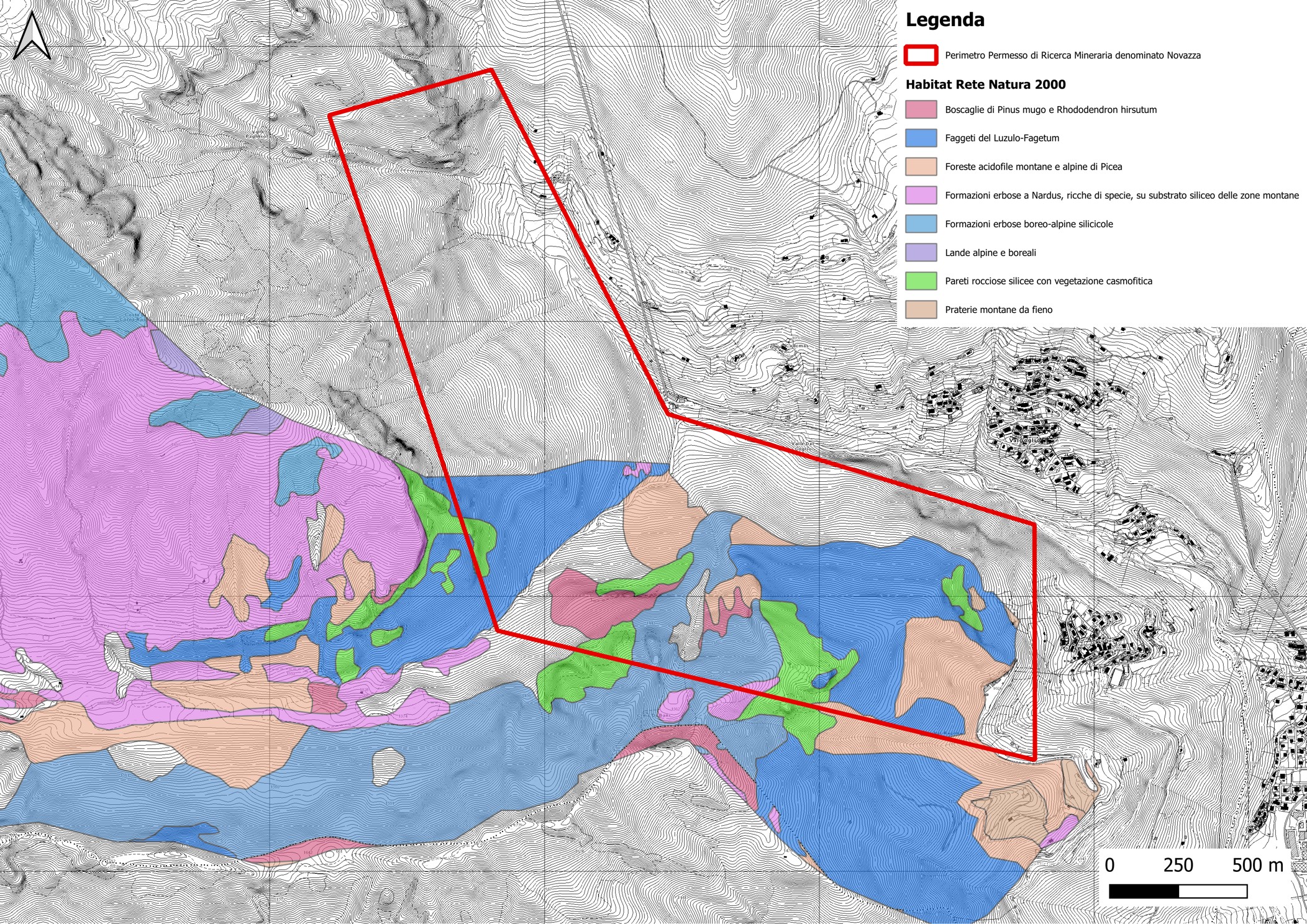 Mappa dell'habitat della Rete Natura 2000 nel Permesso di Ricerca Mineraria "Novazza" a Valgoglio, Bergamo.